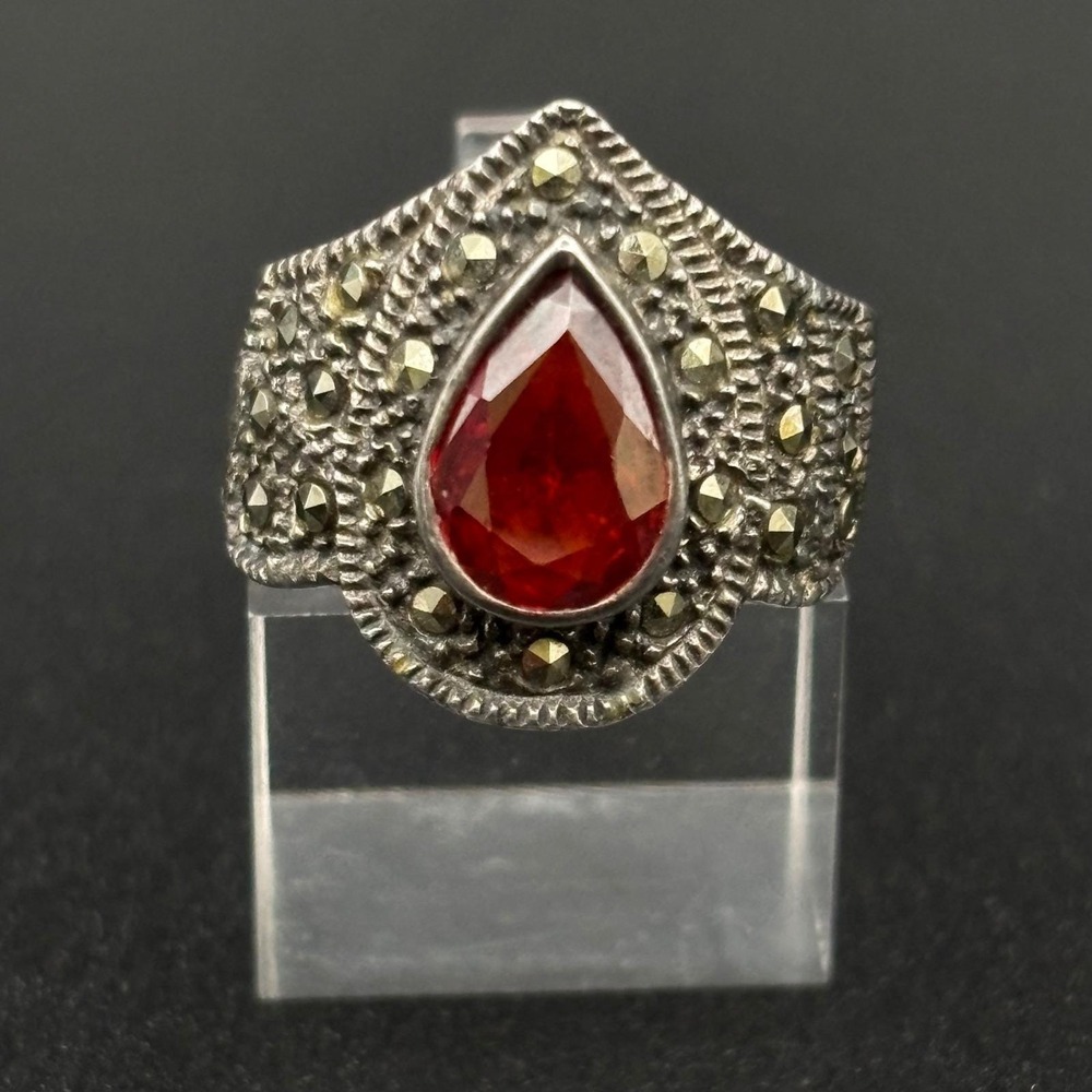 Vintage Sterling Silver Ring Red Glass Marcasite Art Deco Style Marsala Sz 7.75